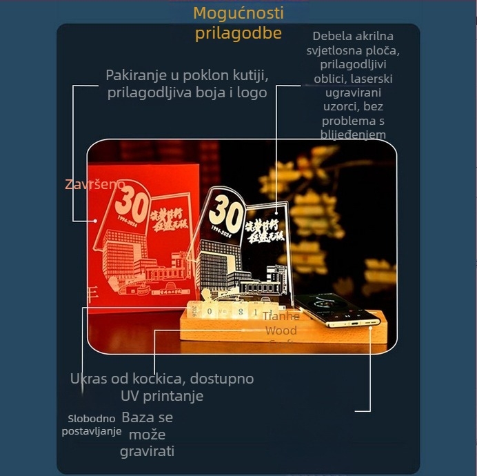 3D acrilna noćna svjetiljka s kalendarom - bežično punjenje, personalizirani suvenir
