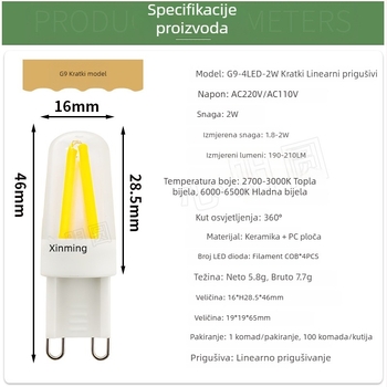 LED filament žarulja 4W, baze G9 i E14, regulirajućeg intenziteta, 220V, za lustere i stolne lampe