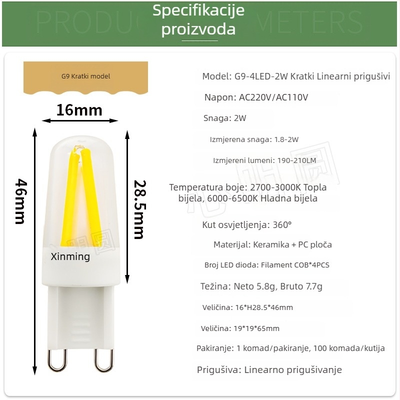 LED filament žarulja 4W, baze G9 i E14, regulirajućeg intenziteta, 220V, za lustere i stolne lampe