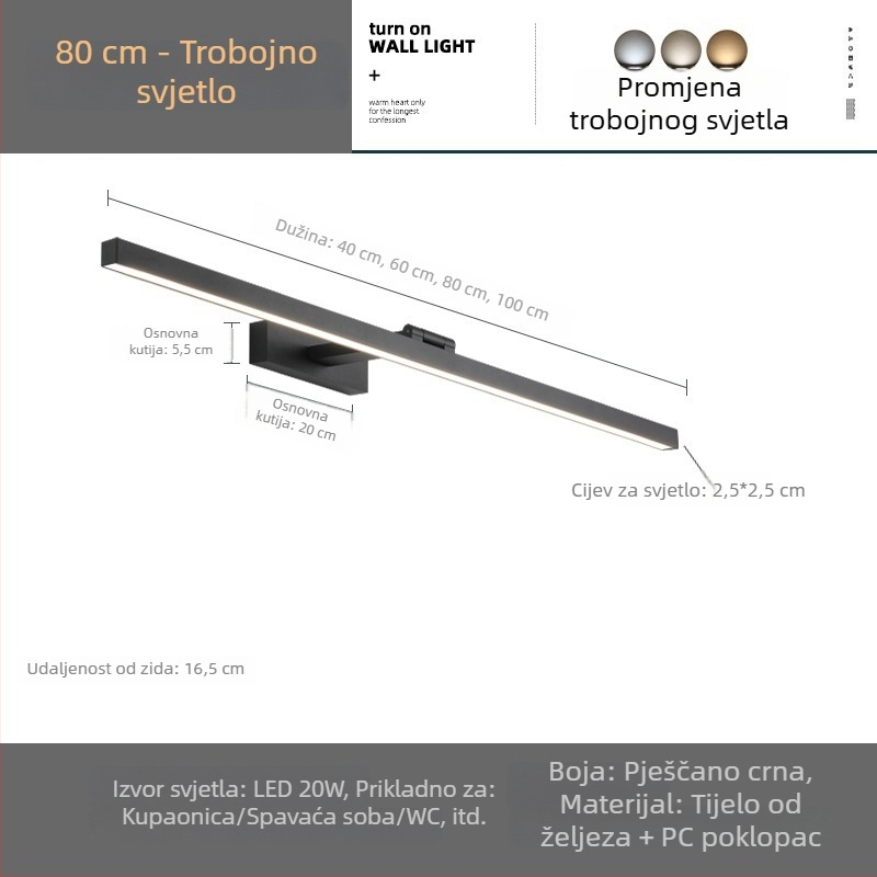 LED ogledalo za kupaonicu s ormarićem i prednjim osvjetljenjem, ogledalo za šminku, moderni minimalistički stil