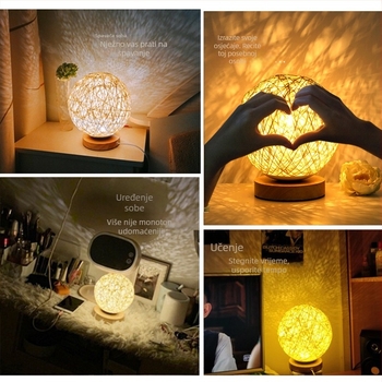 LED noćna stolna lampica s ratan kuglom i projekcijom zvjezdane nebeske atmosfere, ambijentalno osvjetljenje, USB lampa za dječju sobu