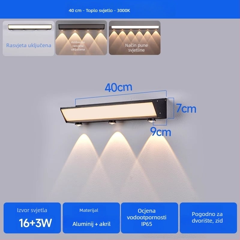Solarna vanjska zidna svjetiljka – vodootporna linearna LED rasvjeta za fasadu i dvorište