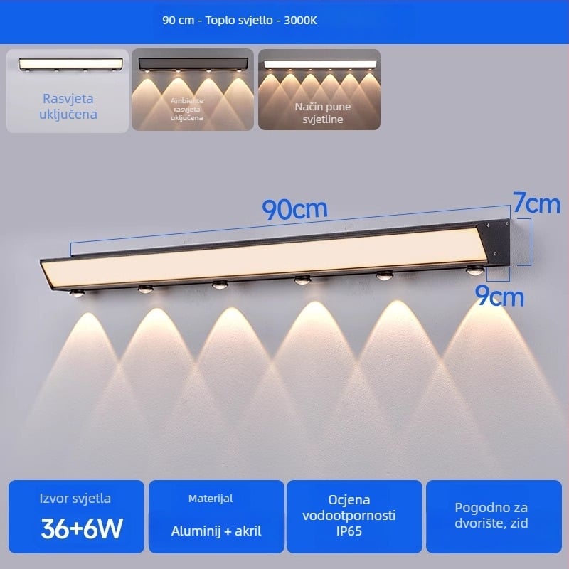 Solarna vanjska zidna svjetiljka – vodootporna linearna LED rasvjeta za fasadu i dvorište