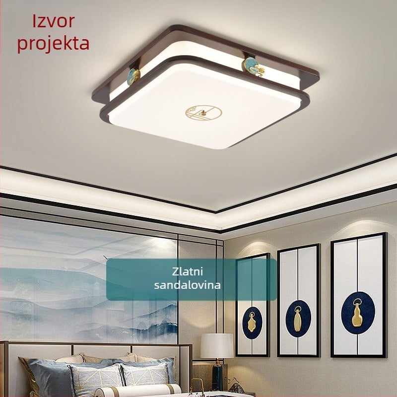 Stropna LED svjetiljka u novokineskom stilu s zaštitom očiju, pravokutnog oblika, tamno orah boja, masivno drvo, za dnevni boravak i spavaću sobu, model 8542