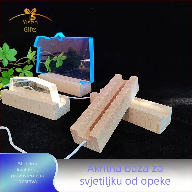 Duga drvena osvijetljena baza, 3D noćna svjetiljka, akrilni držač lampe, USB napajanje, kristalna trofejna baza lampe