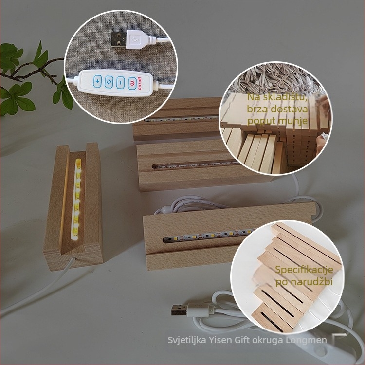 Duga drvena osvijetljena baza, 3D noćna svjetiljka, akrilni držač lampe, USB napajanje, kristalna trofejna baza lampe