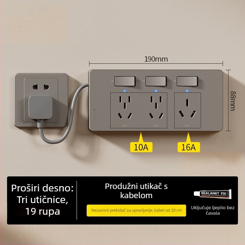 86-tip produžni priključak s indikatorom, površinski montiran, više utičnica, bez žice, pojedinačno upravljive utičnice