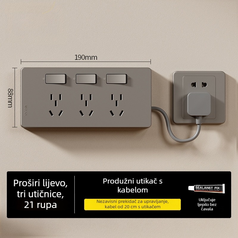 86-tip produžni priključak s indikatorom, površinski montiran, više utičnica, bez žice, pojedinačno upravljive utičnice