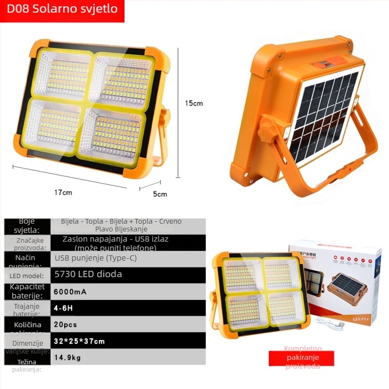 Solarni LED reflektor za upozorenje, prijenosno vanjsko radno osvjetljenje za kampiranje i noćne tržnice, model GZ-D08, Xinster