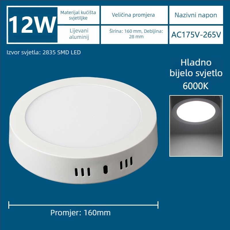 LED ultra-tanki površinski montirani panel LED sa ugrađenim downlightom, bez bušenja, trobojno osvjetljenje za hodnik i ulaz