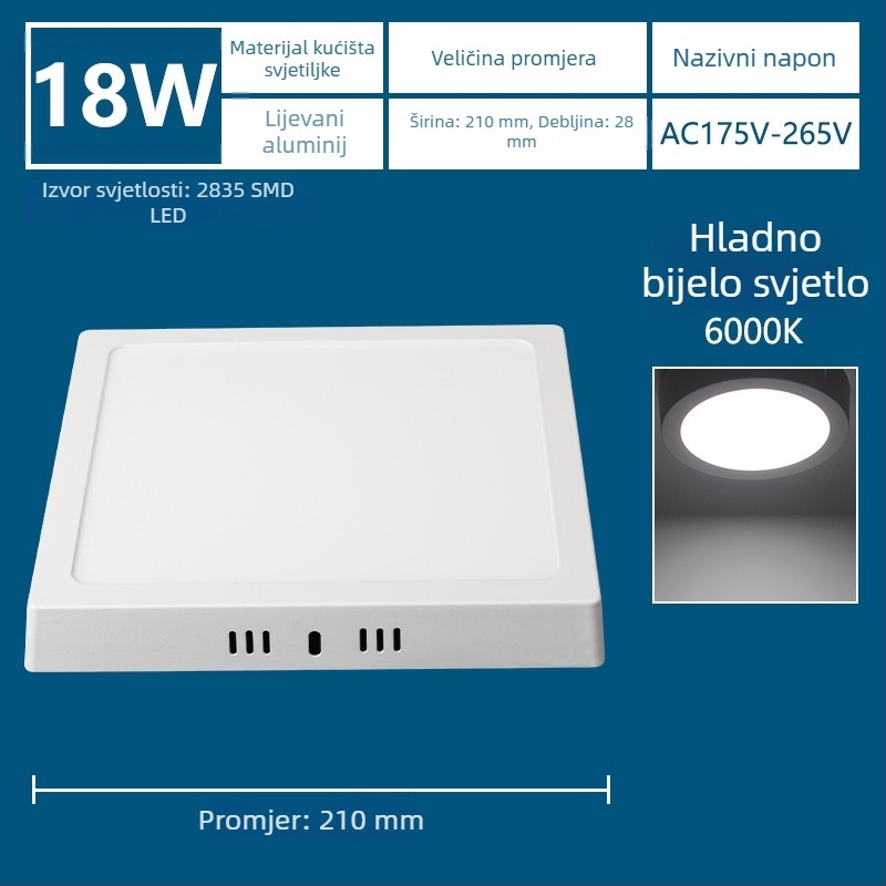 LED ultra-tanki površinski montirani panel LED sa ugrađenim downlightom, bez bušenja, trobojno osvjetljenje za hodnik i ulaz