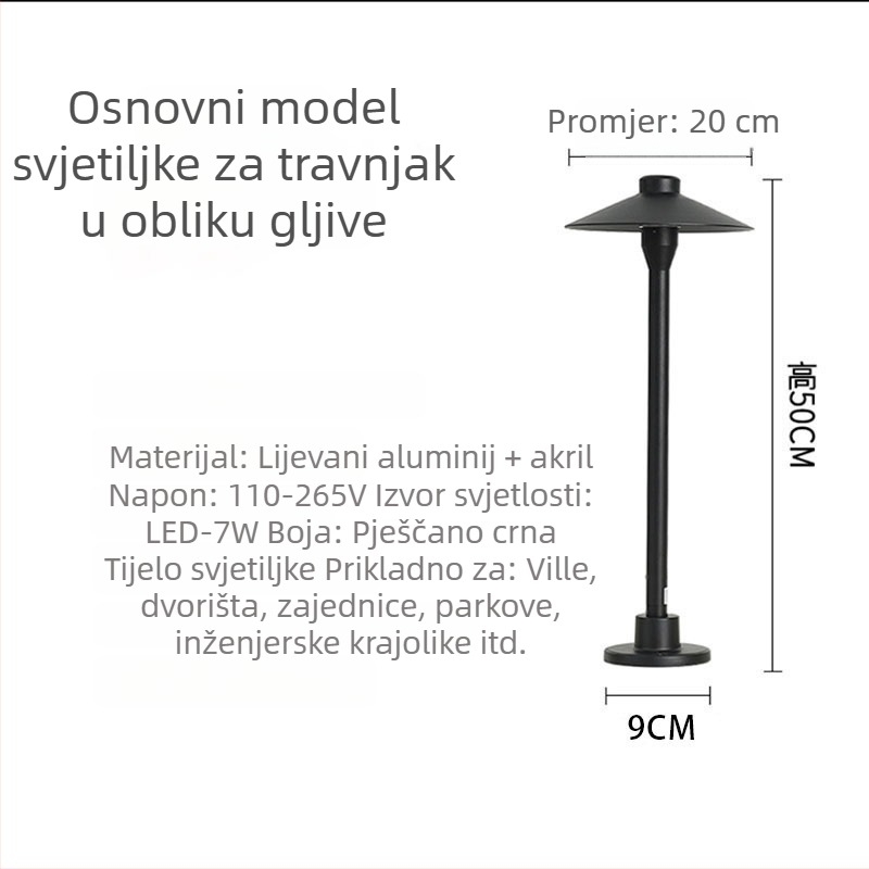 Vanjska LED lampa za travnjak, IP65, aluminijsko kućište, svjetiljka u obliku gljive za dvorište i krajolik, 7W