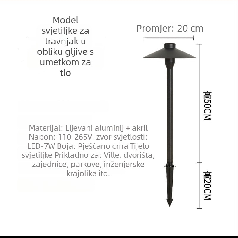 Vanjska LED lampa za travnjak, IP65, aluminijsko kućište, svjetiljka u obliku gljive za dvorište i krajolik, 7W