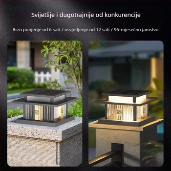Solarna LED stupna svjetiljka za vanjske kapije i ogradu – nehrđajući čelik, IP55, Novi kineski stil