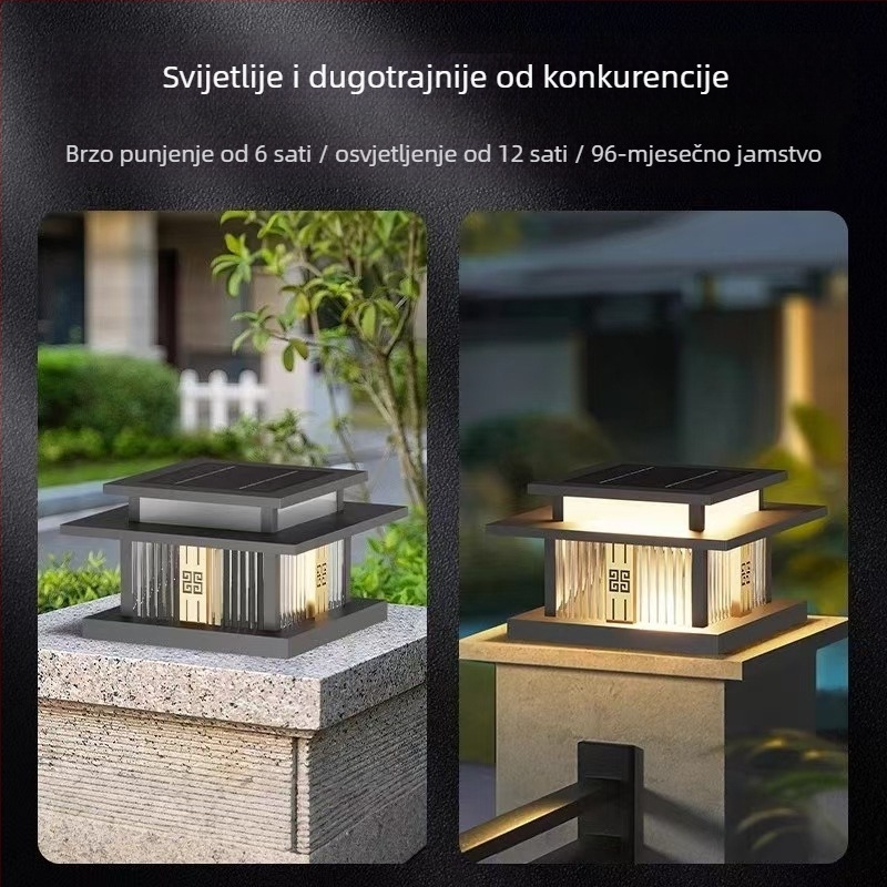 Solarna LED stupna svjetiljka za vanjske kapije i ogradu – nehrđajući čelik, IP55, Novi kineski stil