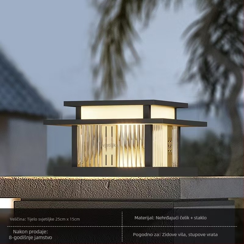 Solarna LED stupna svjetiljka za vanjske kapije i ogradu – nehrđajući čelik, IP55, Novi kineski stil