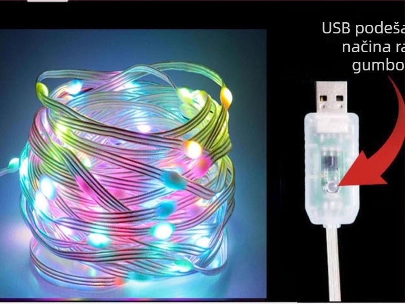 USB LED nit s bakrenim žicom, dvobojne boje, za unutarnju i vanjsku upotrebu, dekor za kampiranje, dvorište i hodnik.