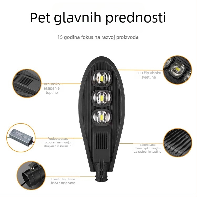 LED ulično svjetlo s aluminijskim kućištem, vanjska vodootpornost za ceste, mrežno napajanje, ACL-SL1 inženjerski model, visoka snaga, visoka svjetlina