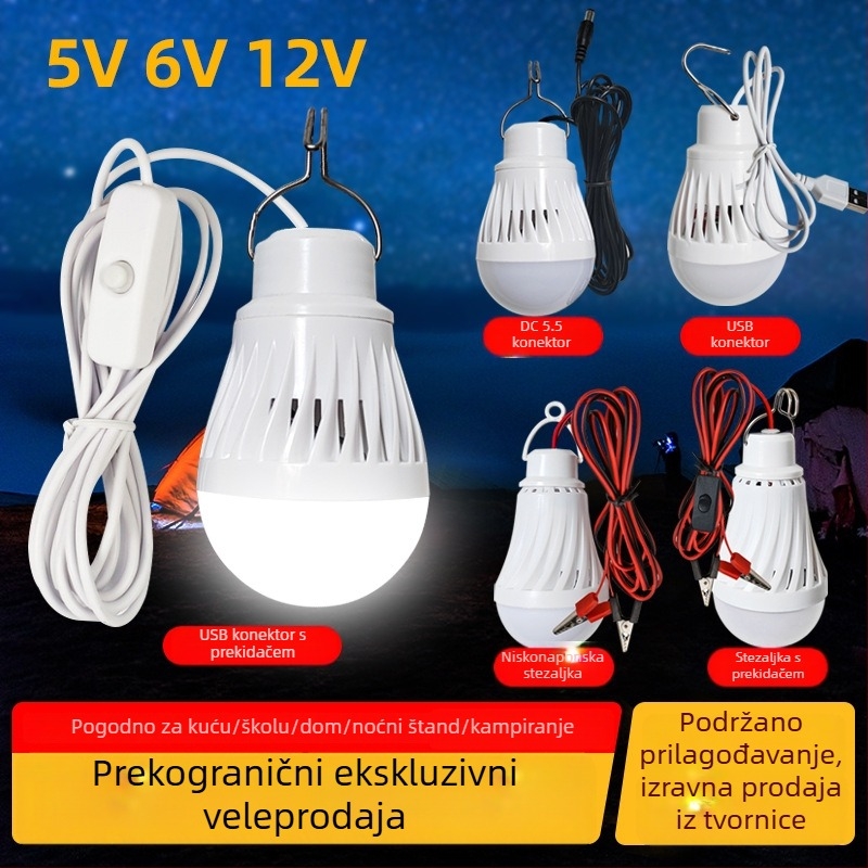Niskonaponska žarulja 5–6/12 V, IP54, 1000 lm, kućište PP, 180° snop, CRI 70–80, PF 0.65, promjer 50–60 mm, vijek 25 000 h, za kućnu upotrebu, noćne tržnice, kampiranje i vanjsku upotrebu
