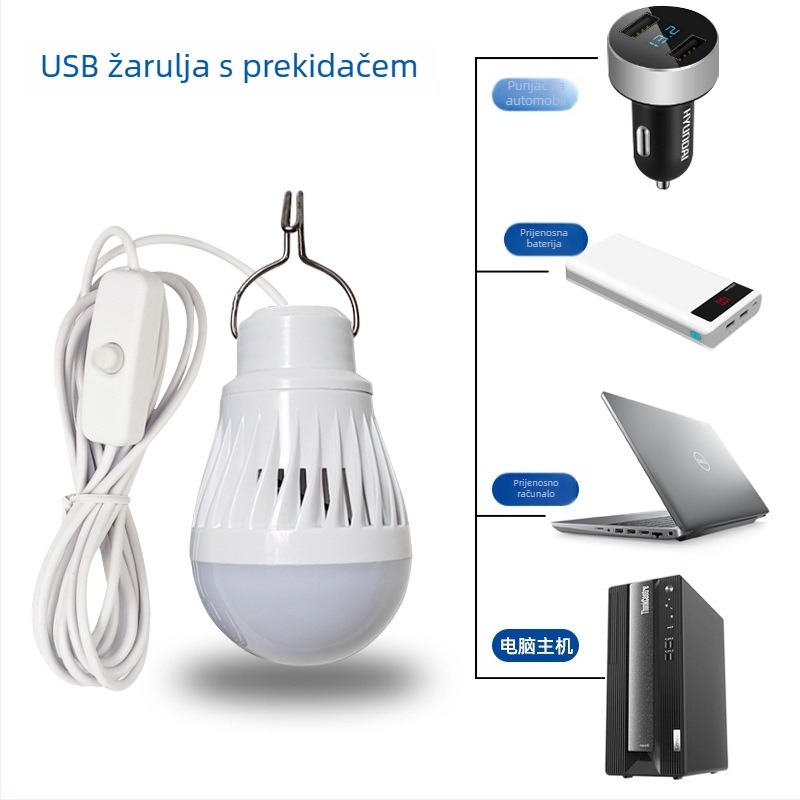 Niskonaponska žarulja 5–6/12 V, IP54, 1000 lm, kućište PP, 180° snop, CRI 70–80, PF 0.65, promjer 50–60 mm, vijek 25 000 h, za kućnu upotrebu, noćne tržnice, kampiranje i vanjsku upotrebu