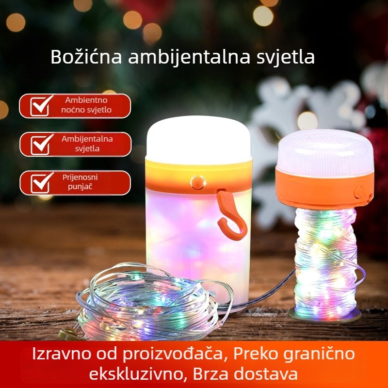 Božićna noćna lampica s dekorativnim svjetlosnim nizom, punjiva kamping lampa, prijenosna ambijentalna lampica