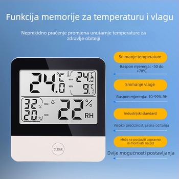 Industrijski mjerač temperature i vlage, elektronički visoke preciznosti, memorija za zapis max/min vrijednosti, pogodan za staklenike, uzgoj i ljekarne