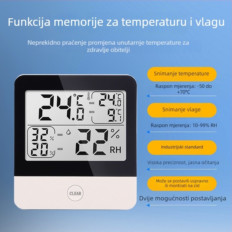 Industrijski mjerač temperature i vlage, elektronički visoke preciznosti, memorija za zapis max/min vrijednosti, pogodan za staklenike, uzgoj i ljekarne