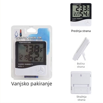 HTC-1 Unutarnji elektronički termometar i budilica, zidni montažni uređaj, velik digitalni prikaz temperature i vlage
