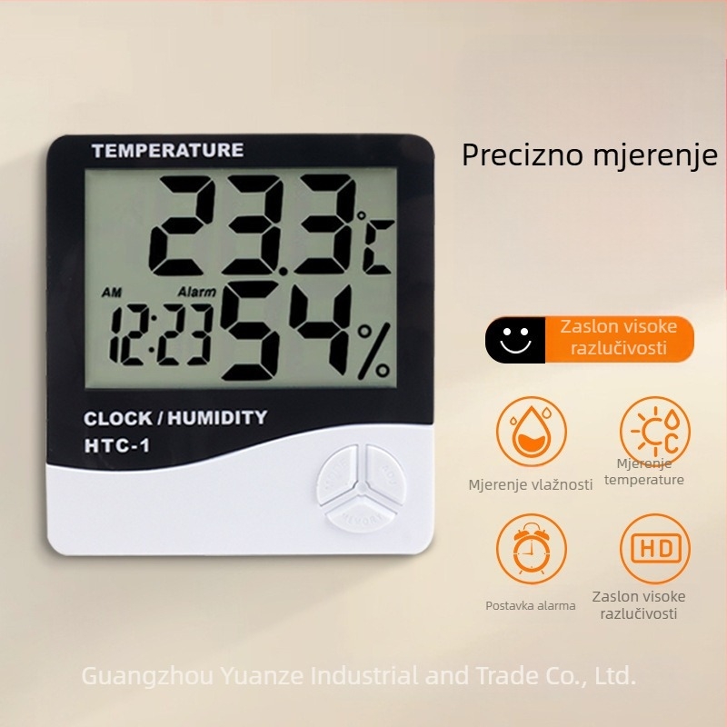 HTC-1 Unutarnji elektronički termometar i budilica, zidni montažni uređaj, velik digitalni prikaz temperature i vlage