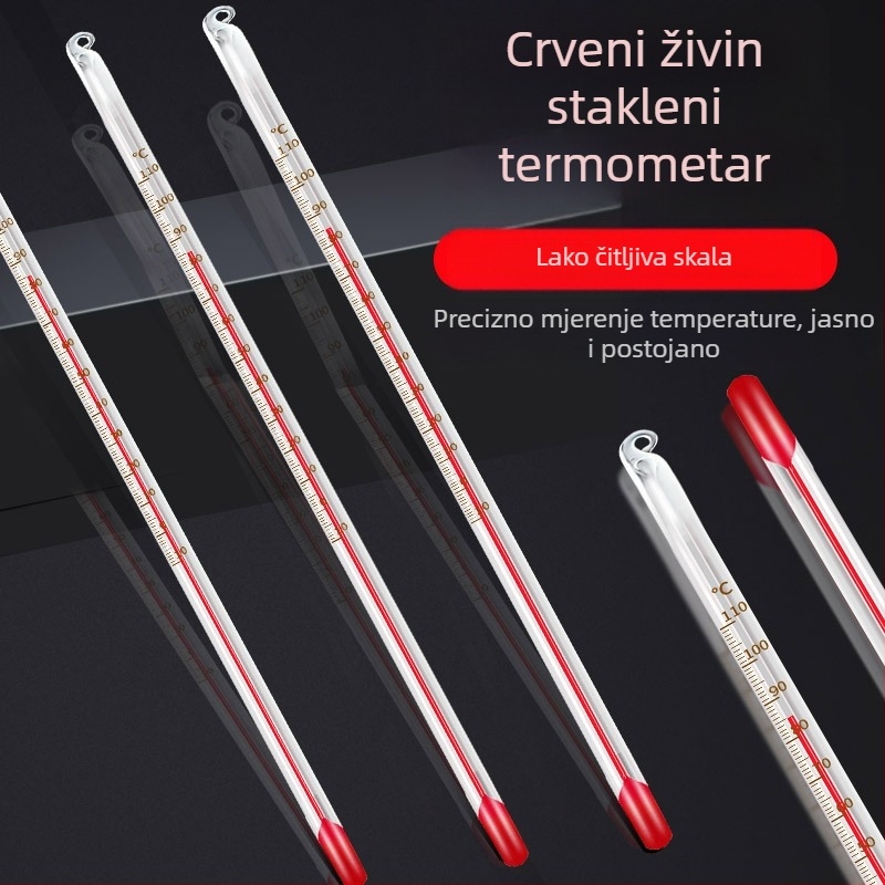 Stakleni termometar s crvenom tekućinom, rtutni termometar, za unutarnju i industrijsku upotrebu; laboratorij i akvarij.