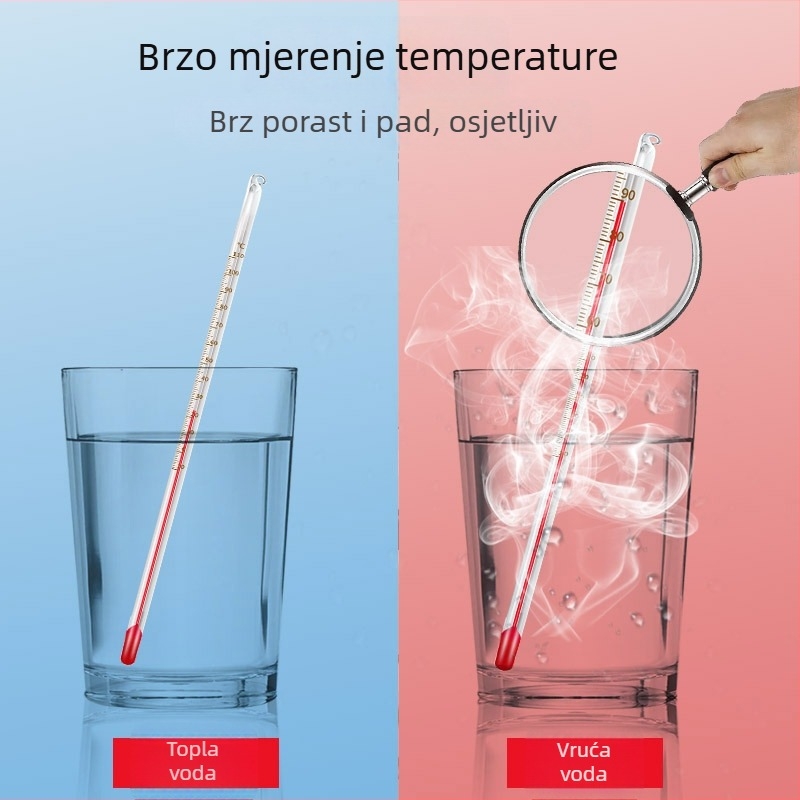 Stakleni termometar s crvenom tekućinom, rtutni termometar, za unutarnju i industrijsku upotrebu; laboratorij i akvarij.
