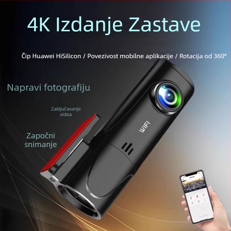 4K HD auto DVR s WiFi, nadzor parkiranja, montaža na prednje staklo, bez zaslona, 140° vidno polje