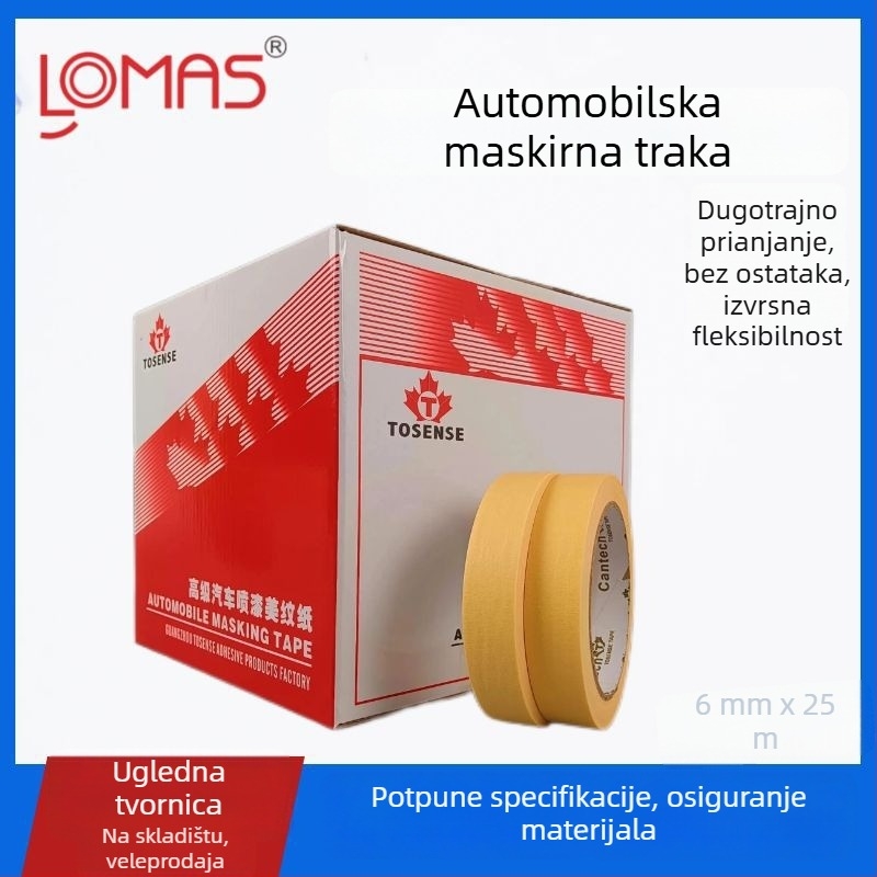 Žuta visokoviskozna maskirajuća traka za automobilsku boju, teksturirani papir, ljepilo na bazi gume, bez ostataka, duljina 25 m, širine 10/15/20/30 mm.