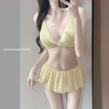 Trodijelni bikini set s gornjim dijelom s dugim rukavima za žene — jednobojni, svježi minimalistički kupaći kostim