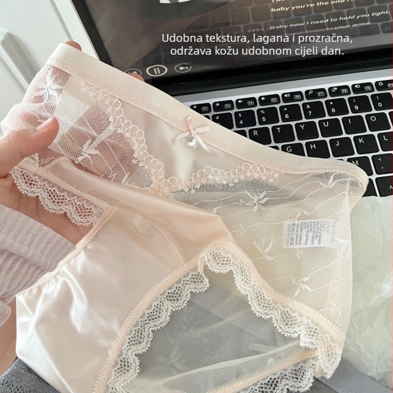 3 komada seksi satensko‑čipkastih ženskih gaćica sa srednjim strukom, prozračnim modalnim umetkom i poluprozirnom mrežastom tkaninom