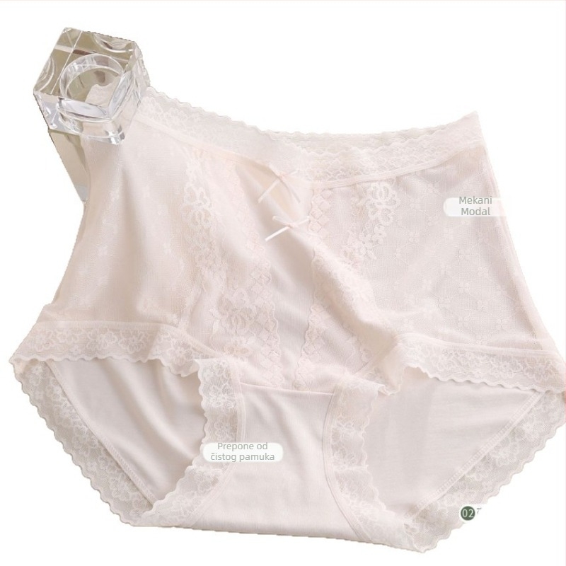 Ženske gaćice od 60S modal Bowknot s čipkom, visoki pojas, podstava od Mulberry svile, kontrola trbuha
