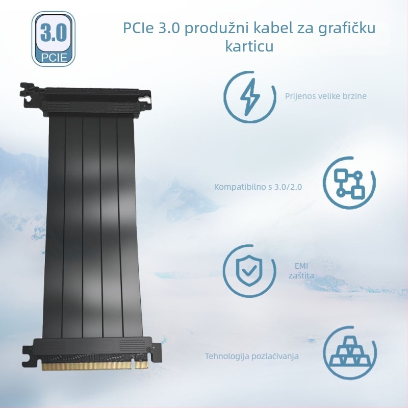 Kabel za proširenje grafičke kartice PCIe 3.0 x16, ATX kućište adapter kabel, 90° kut, uspravno, 20 cm
