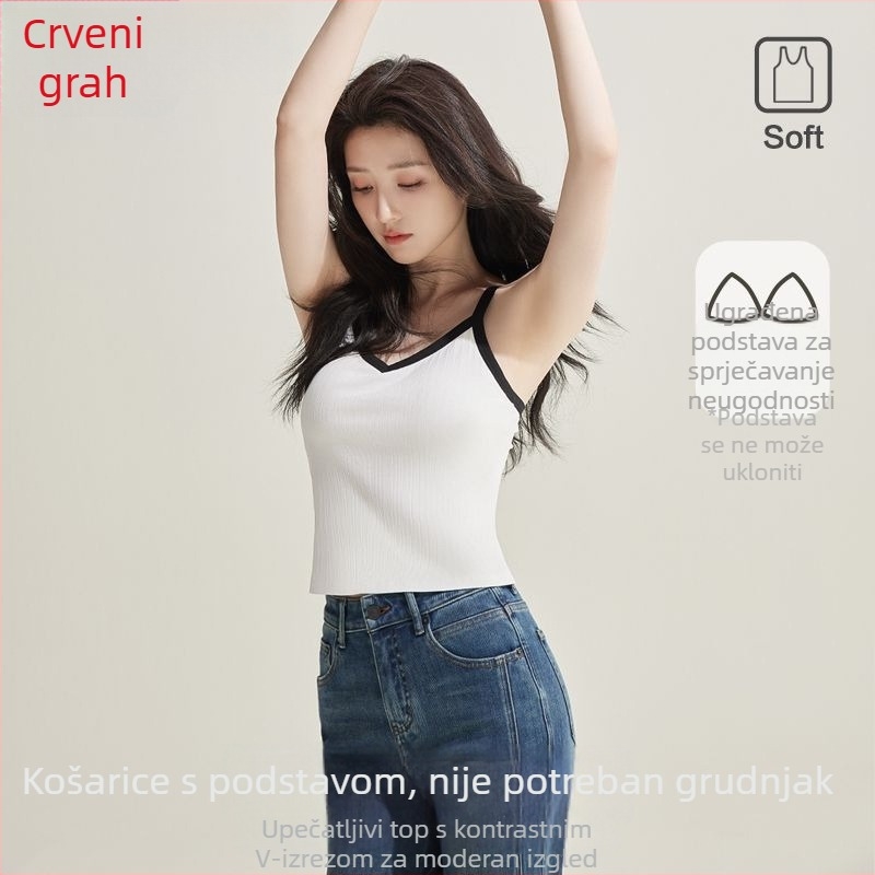 Red Bean ženski top s ugrađenim podstavkom za prsa, jedinstven dizajn, s kontrastnim bojama, bez grudnjaka, osnovni i svestrani, pogodan za nošenje kao vanjska odjeća