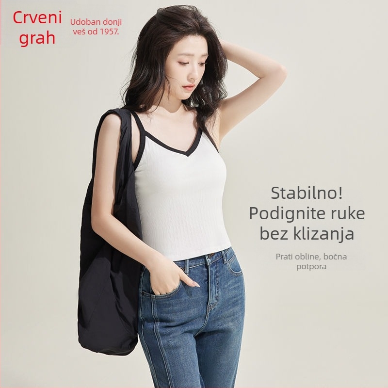 Red Bean ženski top s ugrađenim podstavkom za prsa, jedinstven dizajn, s kontrastnim bojama, bez grudnjaka, osnovni i svestrani, pogodan za nošenje kao vanjska odjeća