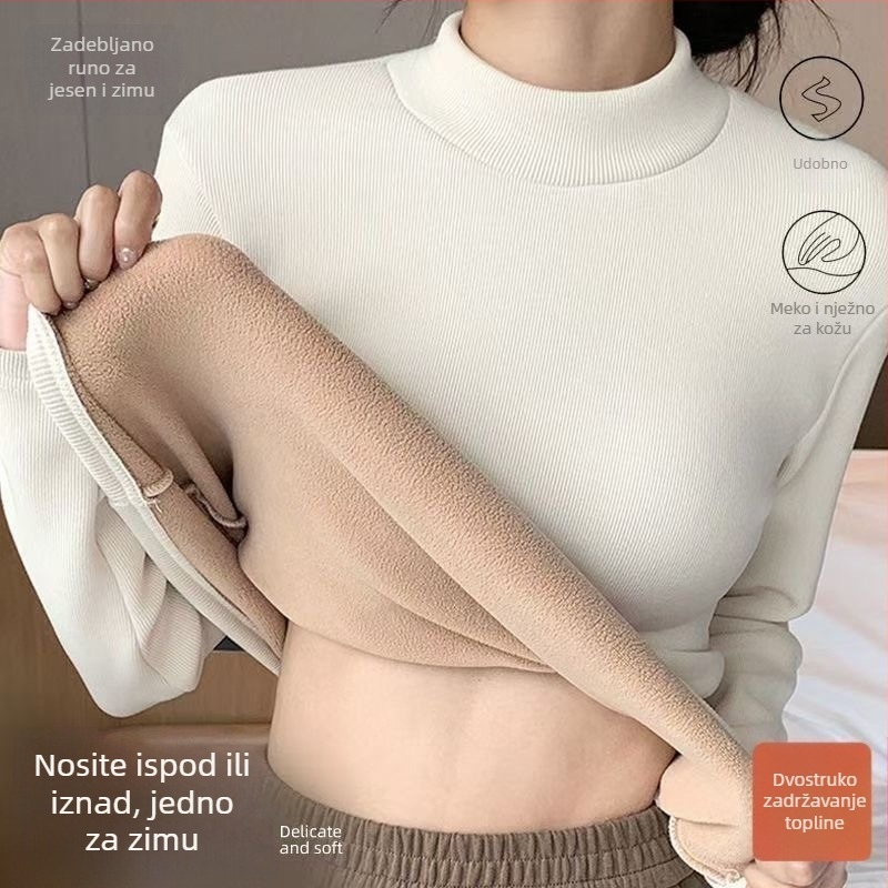 Ženska zimska termo majica od velura, uskog kroja, s polu-visokim vratom, dvostruki pleteni sloj, pogodna i kao vanjska odjeća