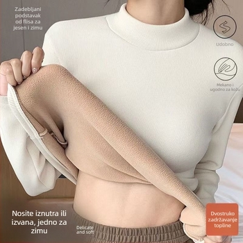 Ženski debeli zimski toplinski top s baršunom, uska linija, polugornji okovratnik, dvostruki sloj, može se nositi kao donji ili vanjski sloj, dugi rukav, jednobojan