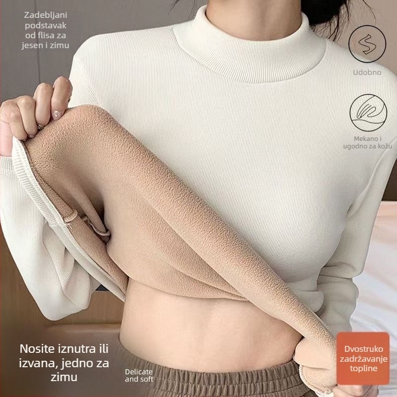 Ženski debeli zimski toplinski top s baršunom, uska linija, polugornji okovratnik, dvostruki sloj, može se nositi kao donji ili vanjski sloj, dugi rukav, jednobojan