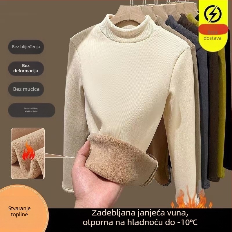 Ženski debeli zimski toplinski top s baršunom, uska linija, polugornji okovratnik, dvostruki sloj, može se nositi kao donji ili vanjski sloj, dugi rukav, jednobojan