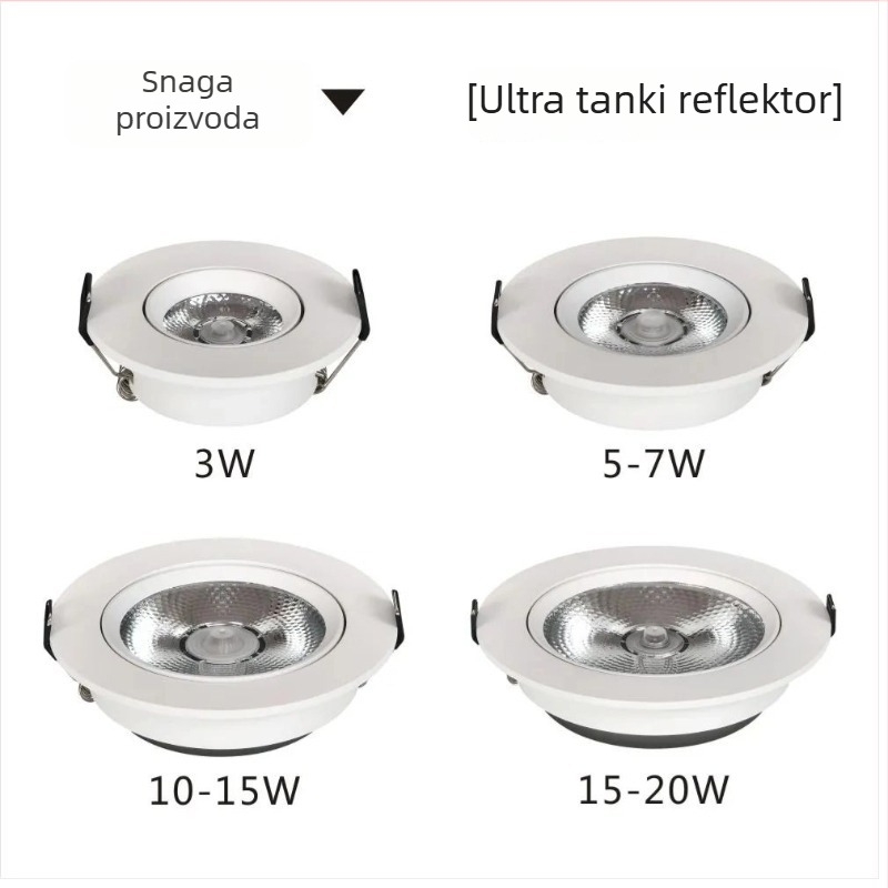 Ugradni ultra-tanki podesivi LED reflektor COB, aluminijsko kućište, CRI ≥95, stropni usmjeren downlight, boje temperature 3000K/3500K/4000K/6000K