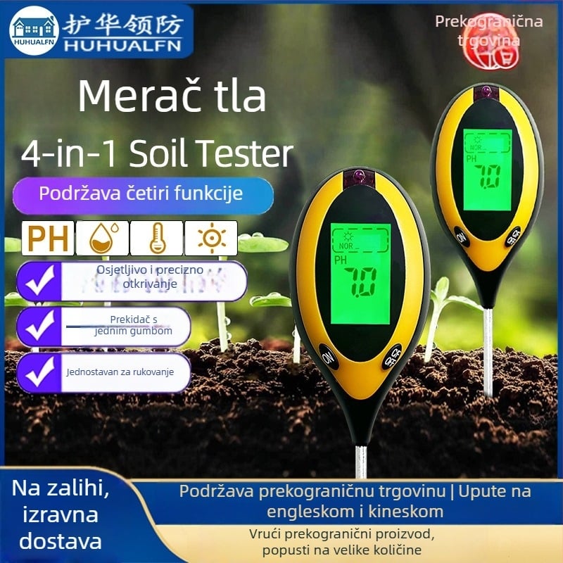 Četiri u jednom tester tla s osvjetljenjem, temperaturom, vlagom tla i pH