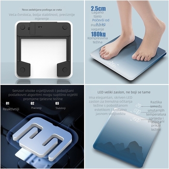 Pametna kompaktna vaga za tijelo za kućnu upotrebu, precizno mjerenje težine, postotka tjelesne masti, kalorija i vlage, USB punjenje, kaljeno staklo