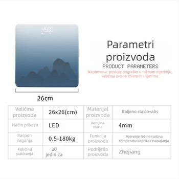 Pametna kompaktna vaga za tijelo za kućnu upotrebu, precizno mjerenje težine, postotka tjelesne masti, kalorija i vlage, USB punjenje, kaljeno staklo