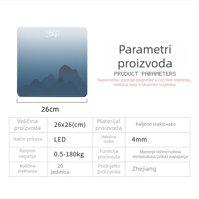 Pametna kompaktna vaga za tijelo za kućnu upotrebu, precizno mjerenje težine, postotka tjelesne masti, kalorija i vlage, USB punjenje, kaljeno staklo