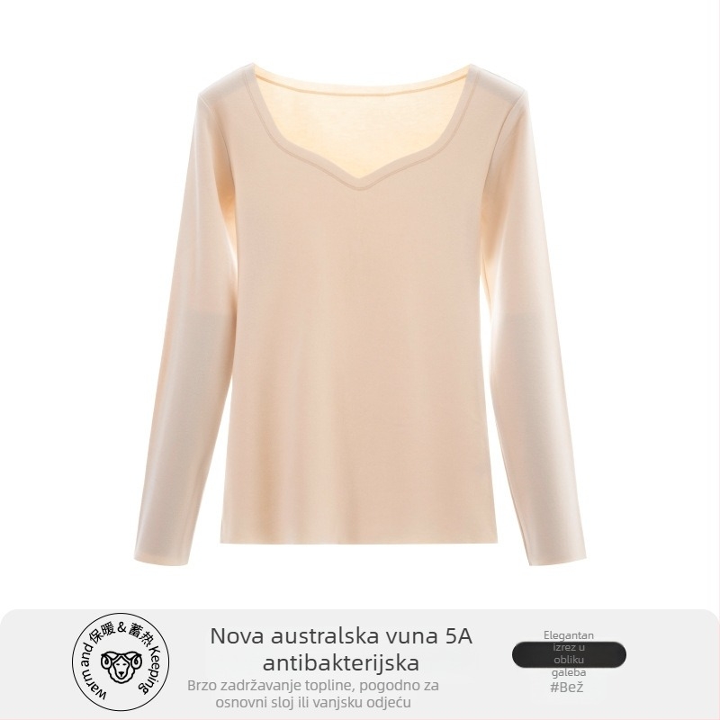 Ženska termalna majica s flisom, dvostrano četkana površina, V izrez, dugi rukav, zimska sloj od viskoze
