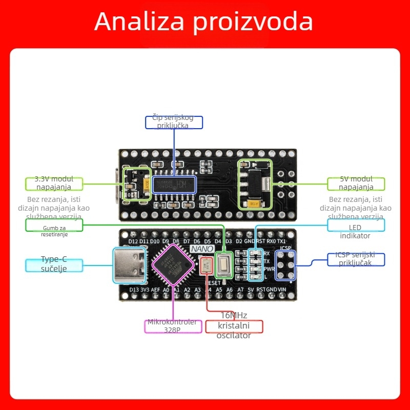 Kompatibilno s Arduino Nano razvojnom pločom, poboljšana verzija ATmega328P mikrokontrolera, ploča za početničko programiranje